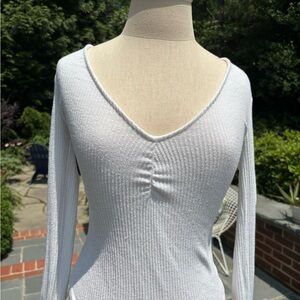Free People White Ribbed V-Neck Top
